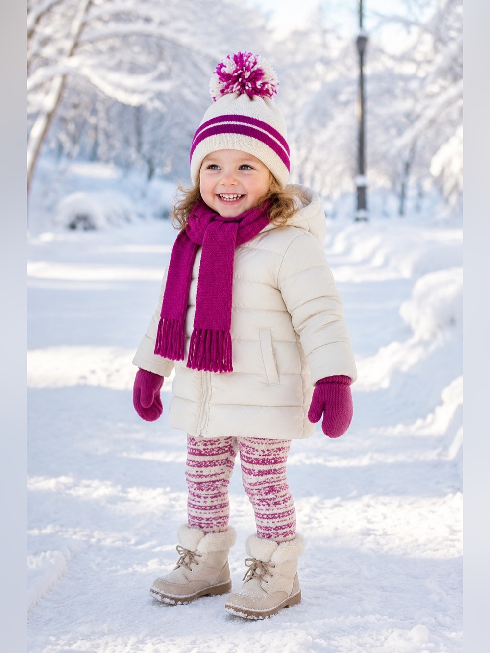 Kids Cream and Pink Pom-Pom Beanie